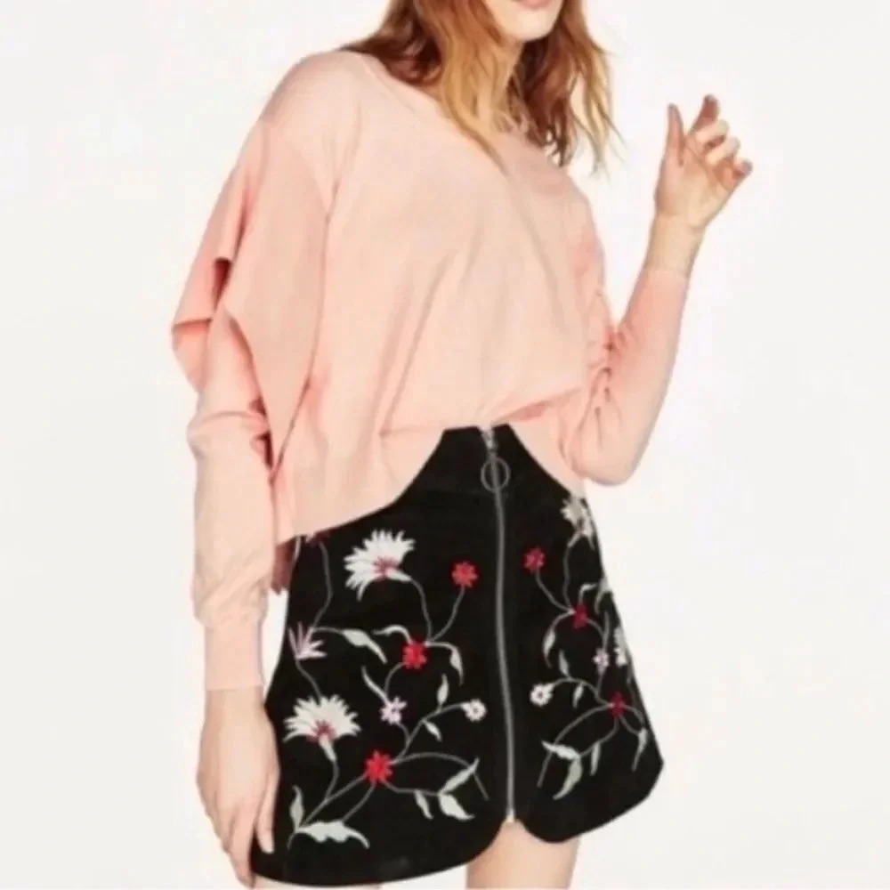 Zara Knit Peach Crop Sweater W/ Side Ruffle M